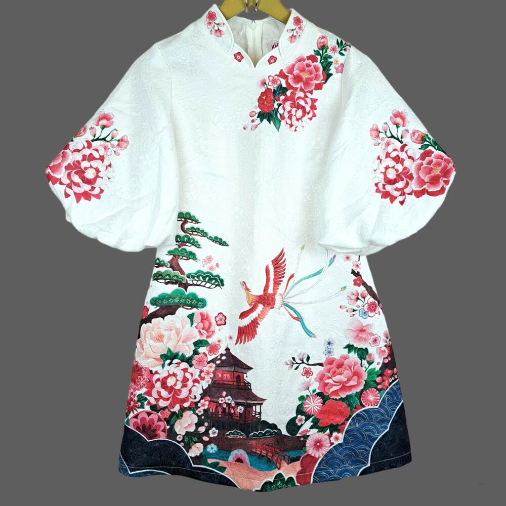 HACUC Size XS Cheongsam Mini Dress White Textured 3/4 Sleeve Floral Asian Print